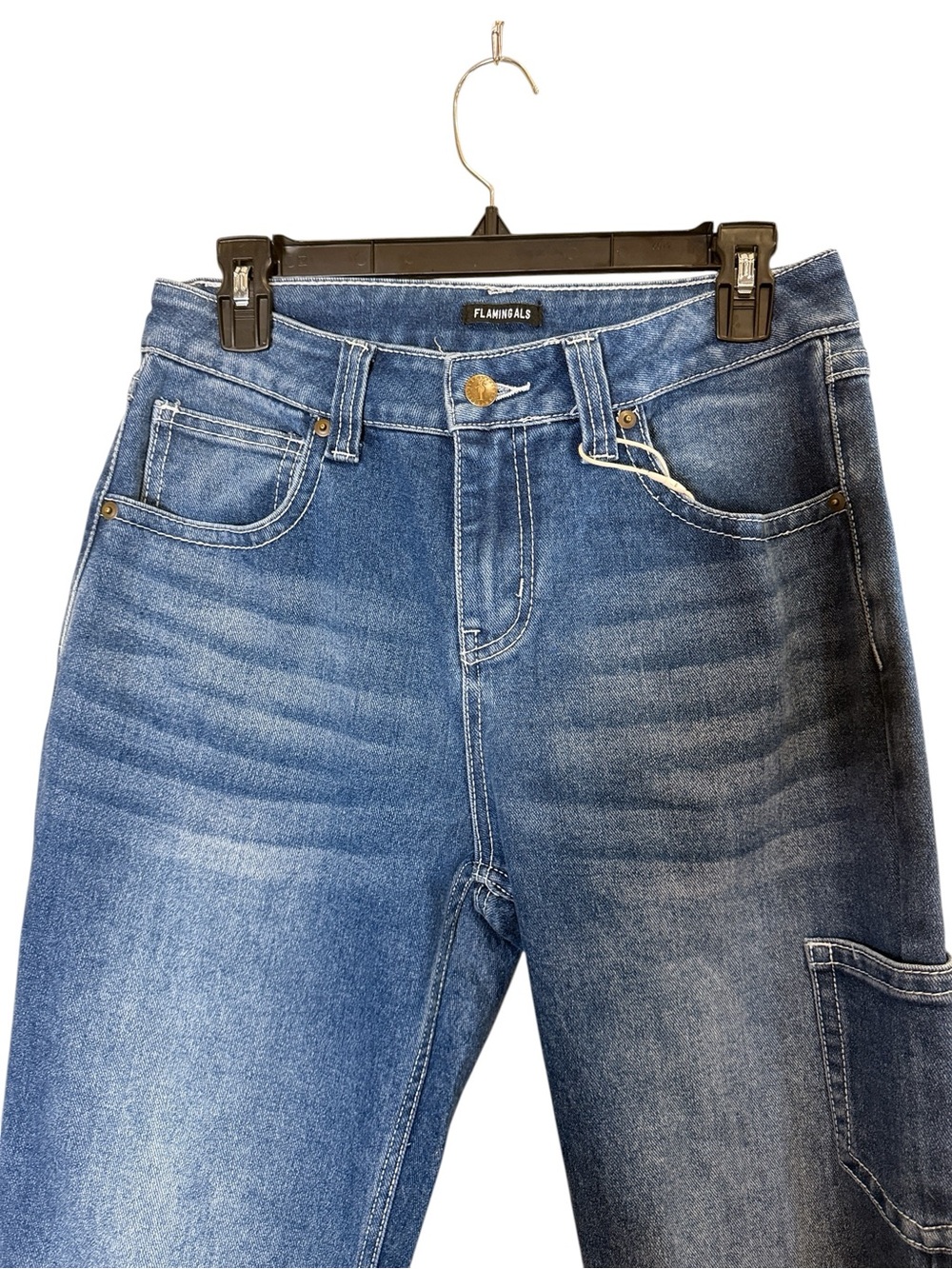 Flamingals Women's Boot-Cut Retro Utility Style Jeans in Medium Blue Wash Sz M - Picture 2 of 12